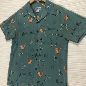 Utility Martini Bar Jazz Lounge Saxophone Print‎ Button Up Shirt Mens Small
